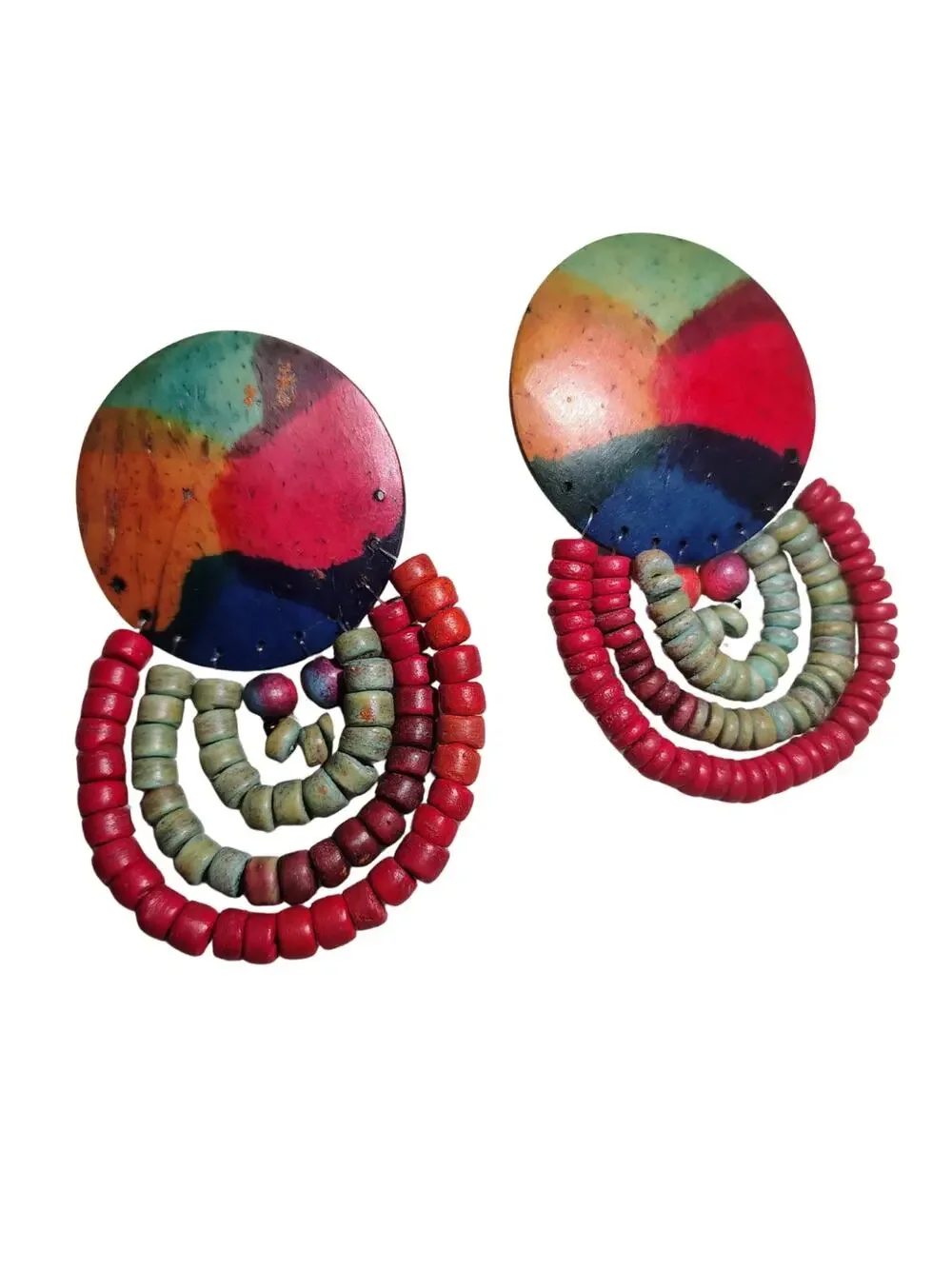 1980s Boho Chic Multi Tiered Dangling Wood Rainbow Pierced Bohemian Earrings